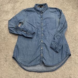 Forever 21 Button Down Denim Shirt Womens Small Chambray Roll Tab Sleeve Casual